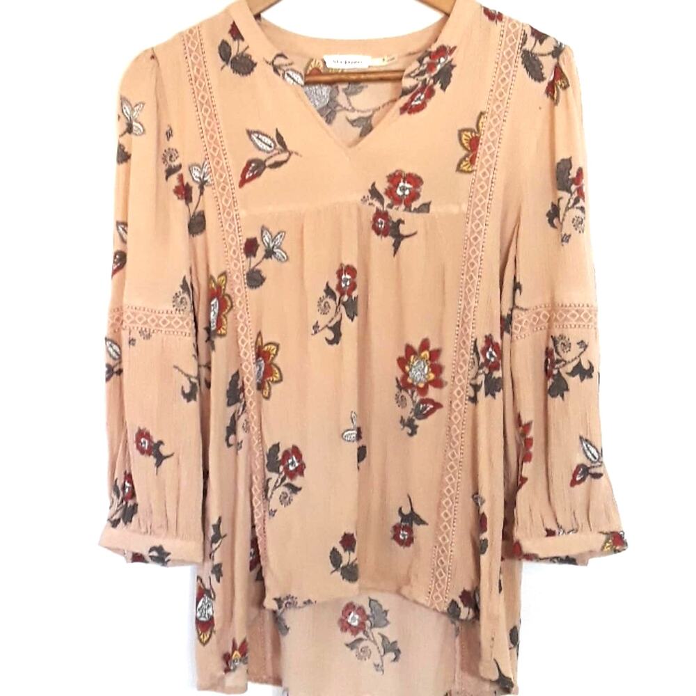 Womens Sz S Beige Gauzy Floral Fairy BOHO Cottage Core V-Neck Pullover Top